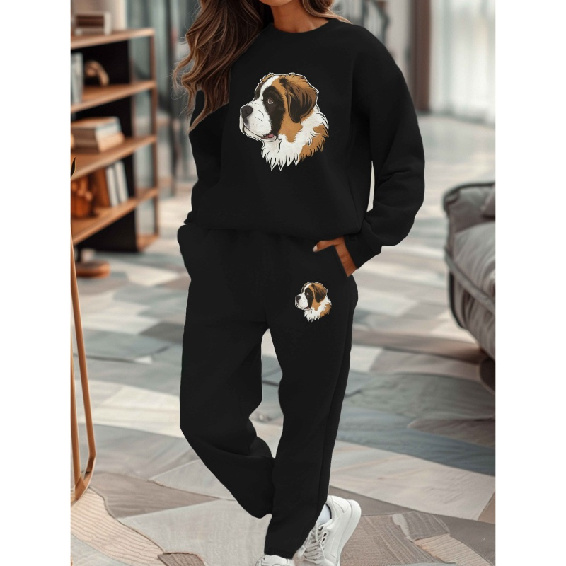 

[1set Cartoon St Dog Sweatsuit] 1set Women's Casual Polyester Knit Sweatshirt And Sweatpants Set With Cute Cartoon St Dog Print, Round Neck, Geometric Pattern, Autumn/winter Collection