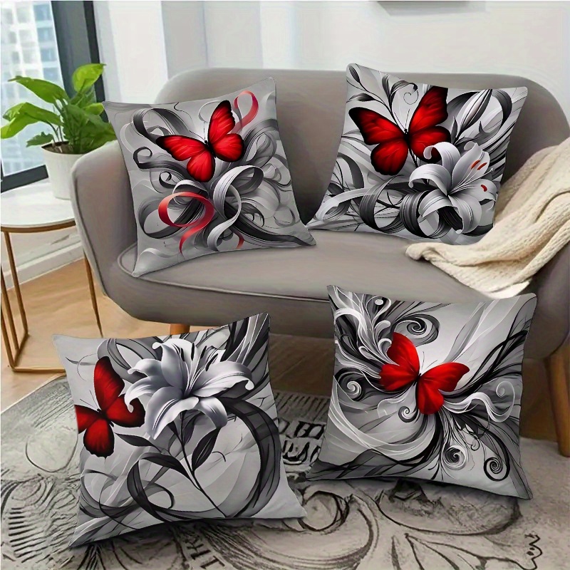 TEMU 4-pack Elegant Grey Red Floral Pillow Covers | Soft Micro Square Zippered Cushion Covers, Single-sided Print, Machine Washable, No Insert