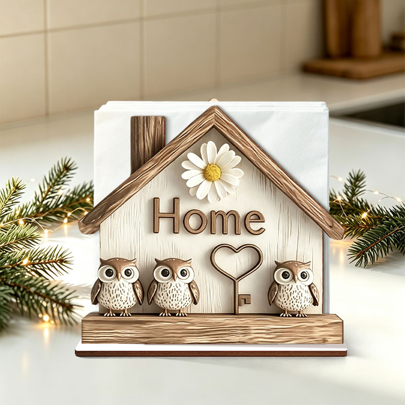 TEMU 1 Cottage- Home Wooden Napkin Holder, Daisy Heart Key Owl Family Design Tissue Box, Table Napkin Dispenser, Kitchen Desktop Napkin Storage Box