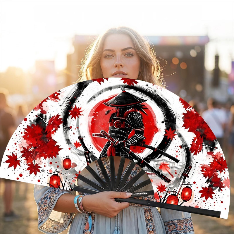 TEMU Stylish Japanese Silhouette Folding Hand Fan With Leaf And Lantern Art Print, 13 Inch Black Plastic Ribs 1pc, Traditional Decorative Accessory