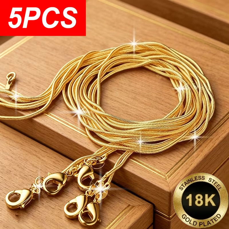 TEMU 5pcs/set Men's Luxury 18k Gold Plated 18k Gold Plated-plated Necklace, Fashionable Snake Chain Necklace - Stainless Steel Necklace, With Lobster