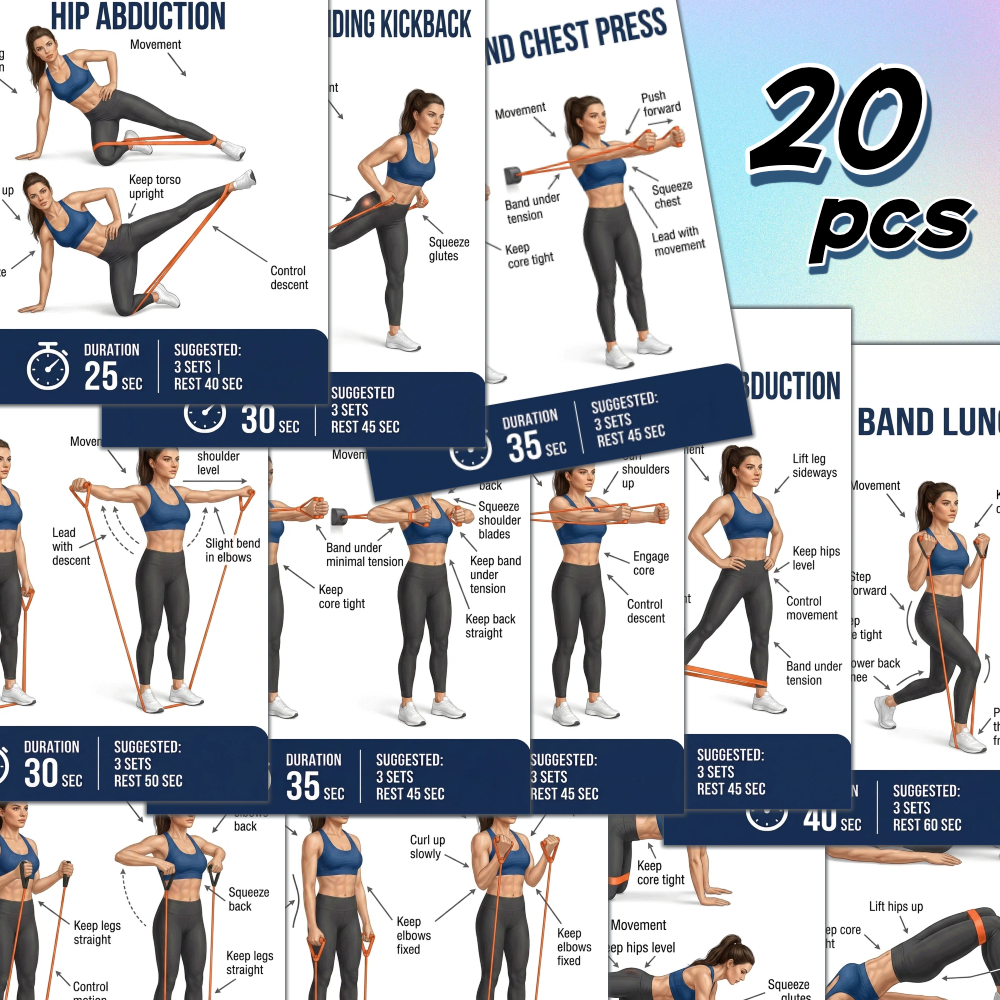 TEMU 20pcs Resistance Band Training Guide, Resistance Band Workout Cards - Exercise Guide Set | Full- Training Flashcards For Home Fitness And Travel
