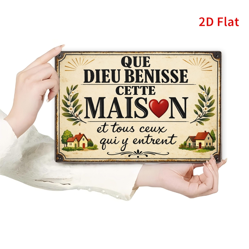 TEMU Plat 2D, [2Dflat] 1 pièce - 30x20cm Panneau en étain "Que Bénisse Cette Maison", Panneau décoratif, Art mural chrétien français pour entrée,