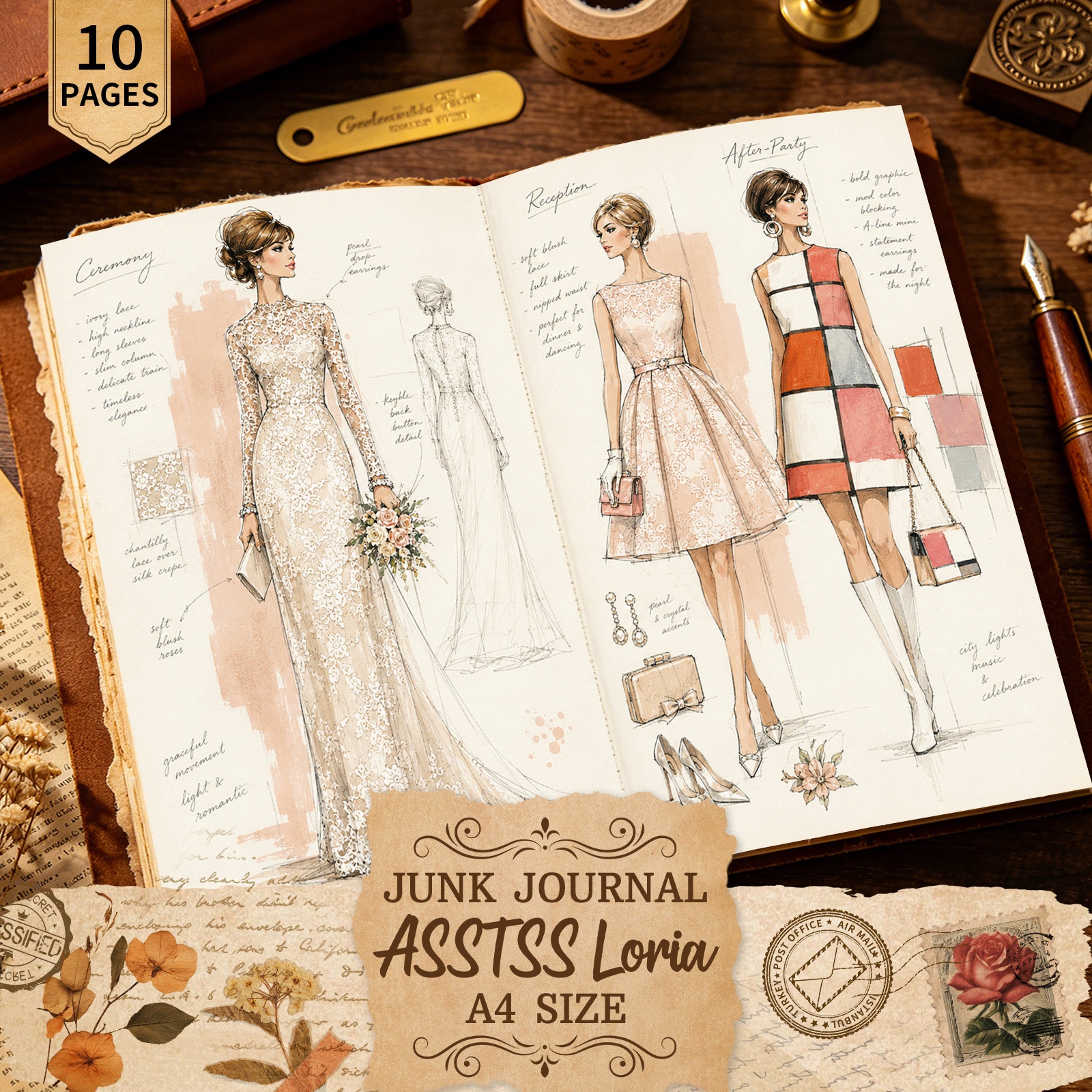 TEMU Asstssloria 10 Sheets A4 Fashionable Women's Clothing Additions Scrapbooking Paper Set, Handcrafted Junk Journal And Decorative Craft Paper,