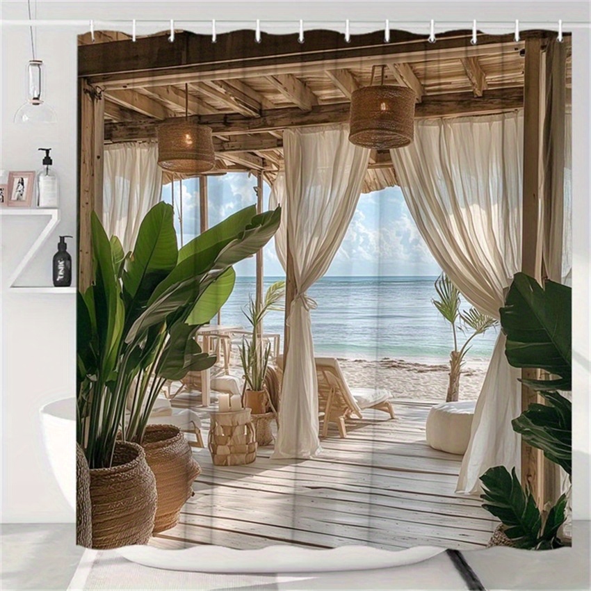 

1pc Shower Curtain Polyester With Tropical Beach Scene, Wooden Structure, White Curtains, , Inviting , Includes 12 Hooks, X Inches