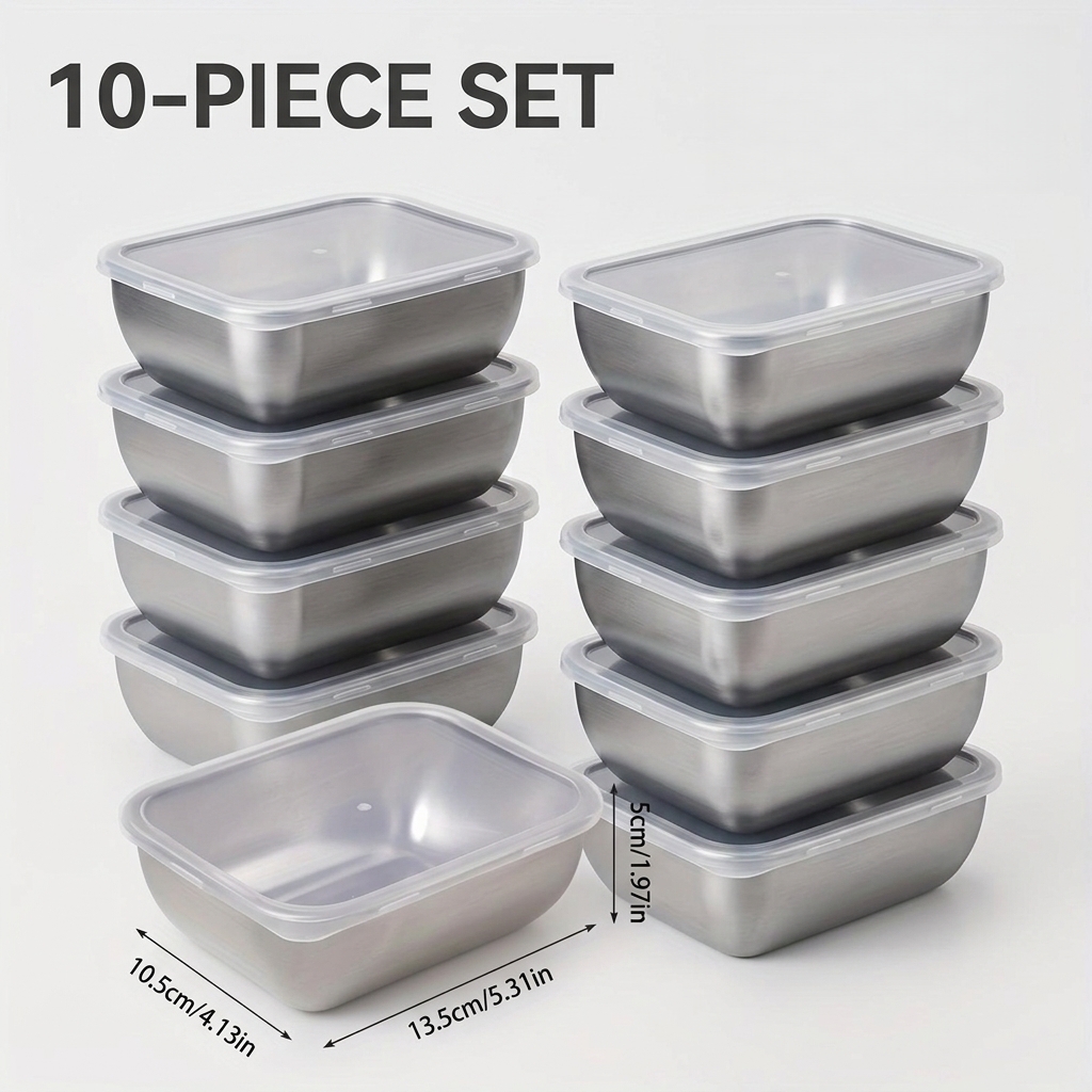 TEMU 10pcs- Household Food Grade Fresh- Keeping Box Stainless Steel Fruit Box Bento Box Refrigerator Seal Storage Box School Factory Lunch Box