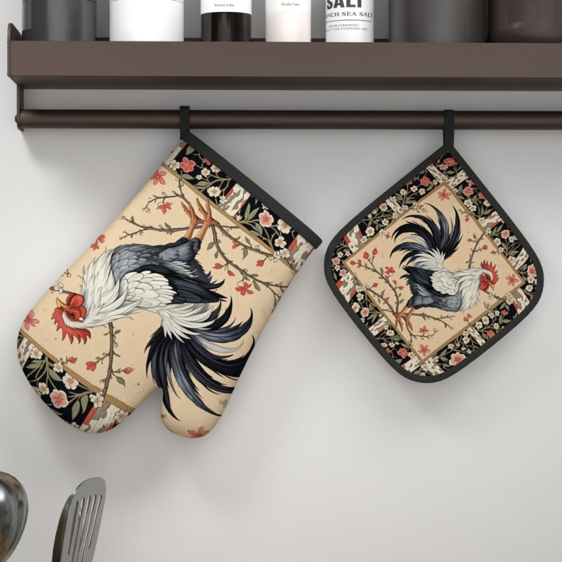 

2pcs Rooster & Floral Mitt Set, 10.6"x6.7" Heat Resistant Polyester Pot Holders, Machine Washable Woven Kitchen Accessories For Cooking, Baking, Home Oven - Ideal Housewarming Gift