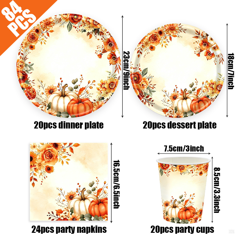 TEMU Set de vaisselle jetable 84 pièces à motif floral de citrouilles d'automne, assiettes, serviettes, gobelets en papier sur le thème de la récolte
