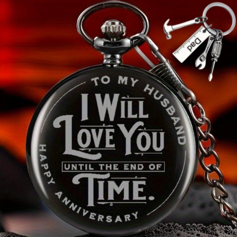 TEMU I You The "| Anniversary Black Quartz Pocket Watch, With A Tool Keychain, An Eternal Token Engraved With Roman | Romantic Gift For Men And Women
