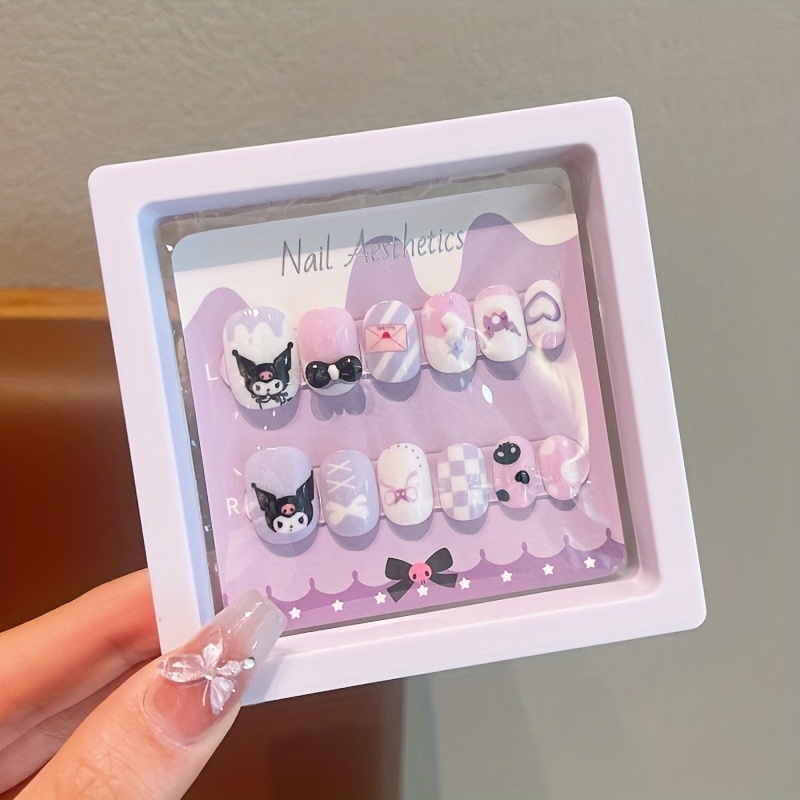 Set Of 12 Adorable Press-on Nails Featuring 's Kuromi And For My Melody, With Cartoonish Oval Short Nail Stickers, Shiny End, And A Removable Manicure Kit For Hand And Foot Care
