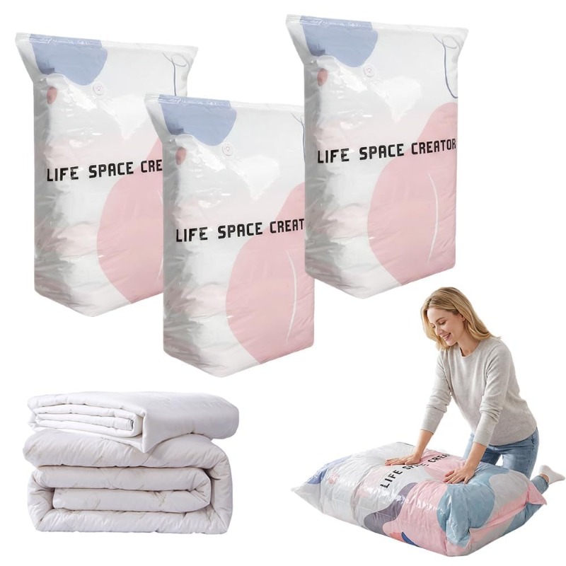 3 Pack No Pump Vacuum Storage Bags, Compression Space Saver Bags, Compress Bulky Clothes And Bedding Without A Pump, Airtight, Reusable Design Up To 80% Storage Space ( * 39.4-3 Pack)