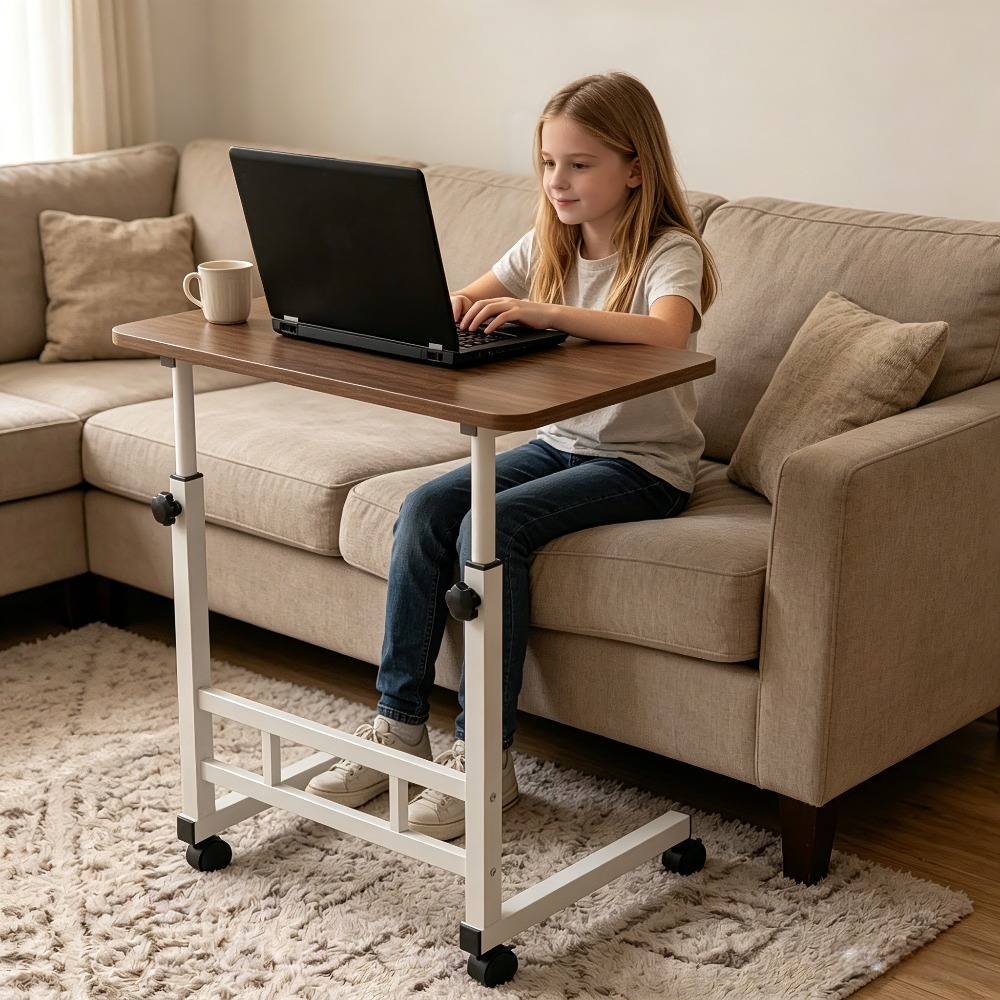 Height Adjustable Computer Desk with Storage Shelf and Wheels, Mobile Rolling Desk for Home Office, Small Space Study Workstation Desk