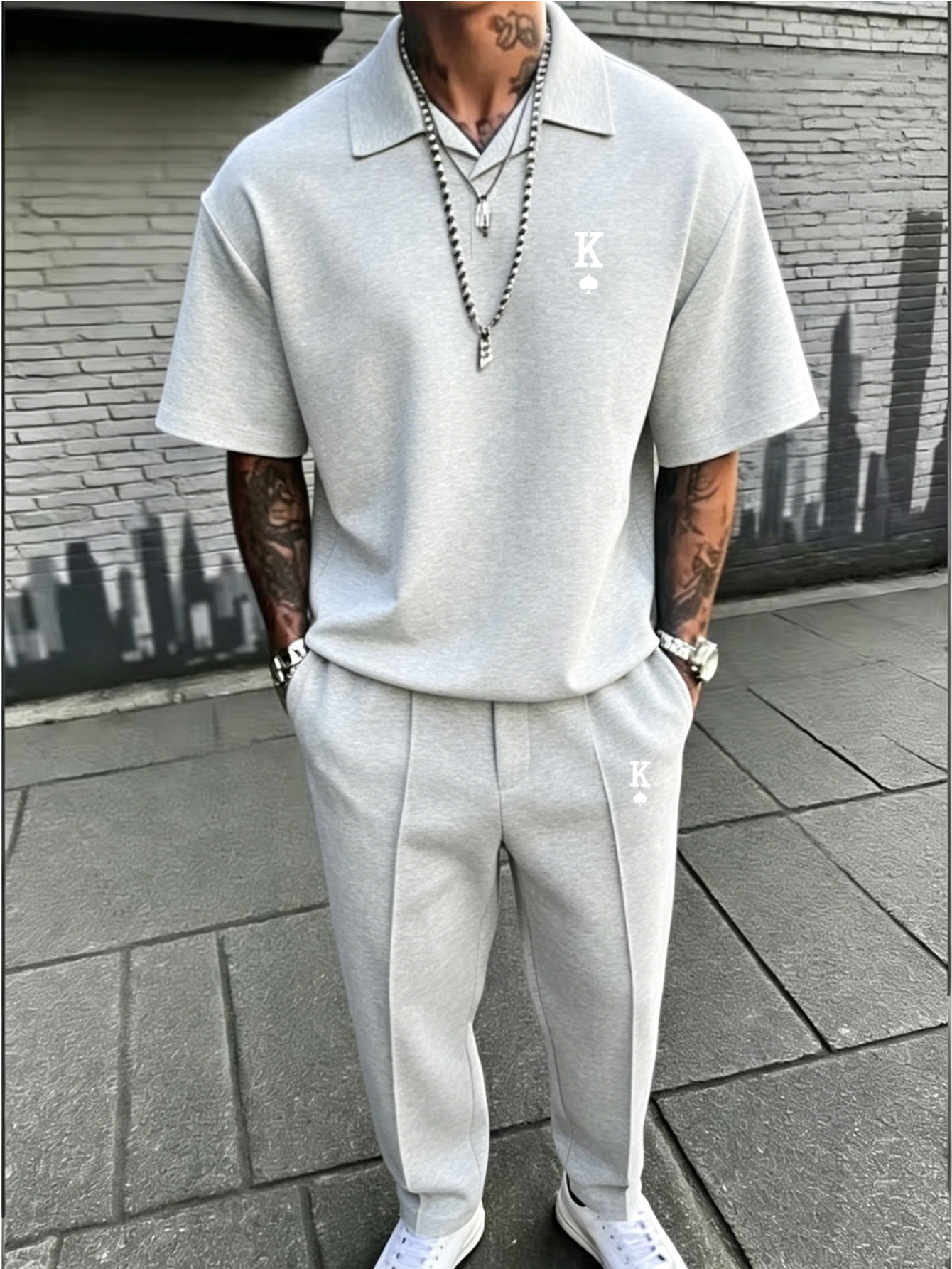 Ensemble Polo Oversize & Pantalon Slim Homme Ensemble Streetwear Adolescente, Polo à Col Cubain Oversize et Pantalon Slim-Fit, Tenue Chic Minimaliste pour Occasions Décontractées et Smart Casual, pour l