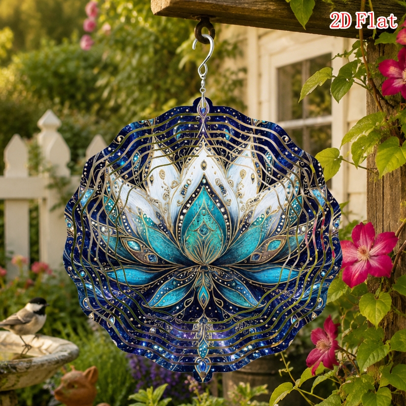 TEMU 1pc Metal Wind Chime - Elegant Blue And Golden For Lotus Pattern, Hook, Suitable For Garden, Courtyard, Home Decor - Wedding, Christmas,