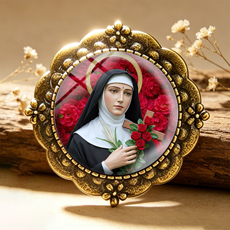 TEMU 1pc Saint Rita Of Round Glass Flower Brooch Pin For Clothes Backpack Brooches Jewelry