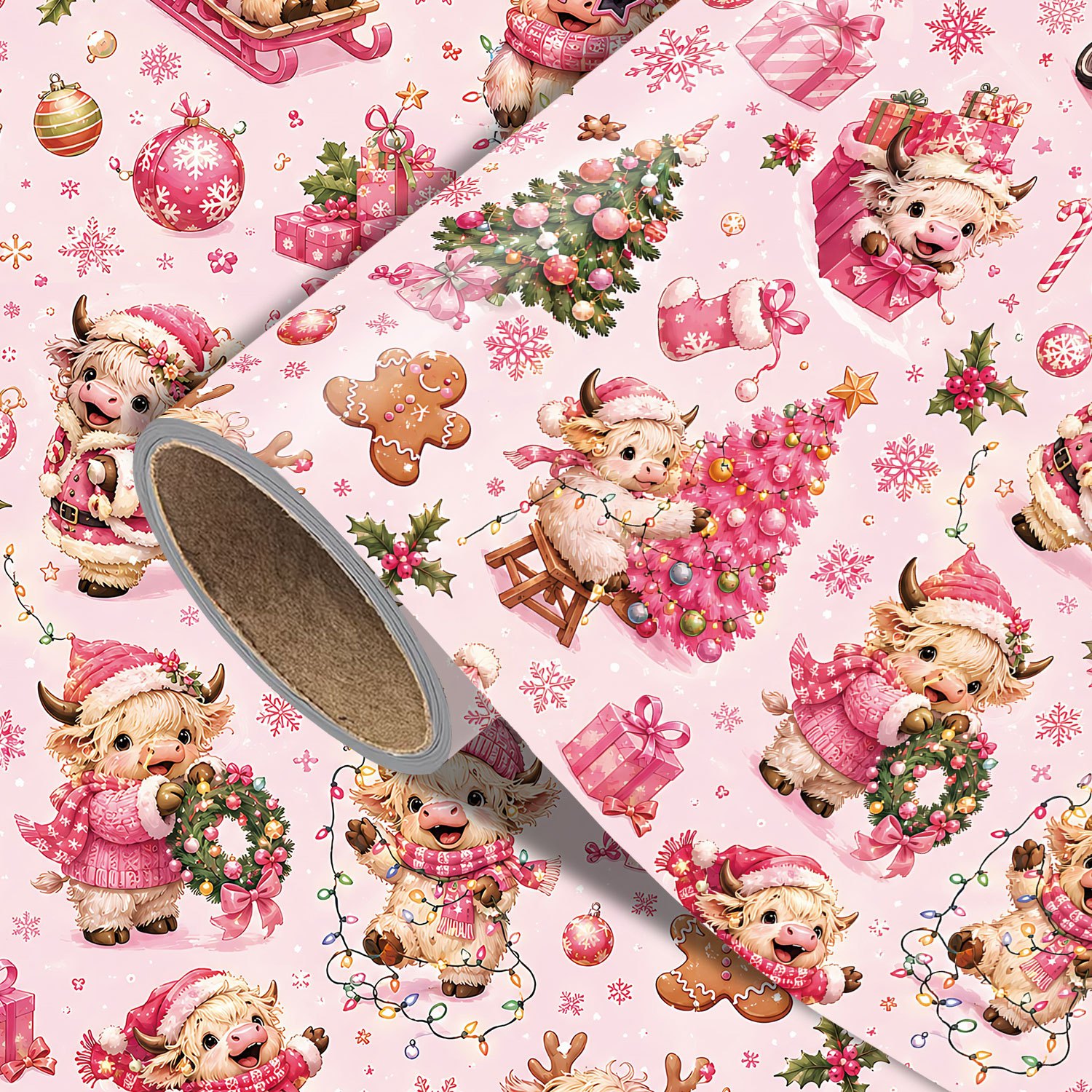 TEMU 1 Rouleau de de Noël Vache , de Fêtes Rose Doux Aquarelle avec Vaches Highland Roses, Roses de Noël, Boîtes Cadeaux, Hommes d'Épices, Houx, de