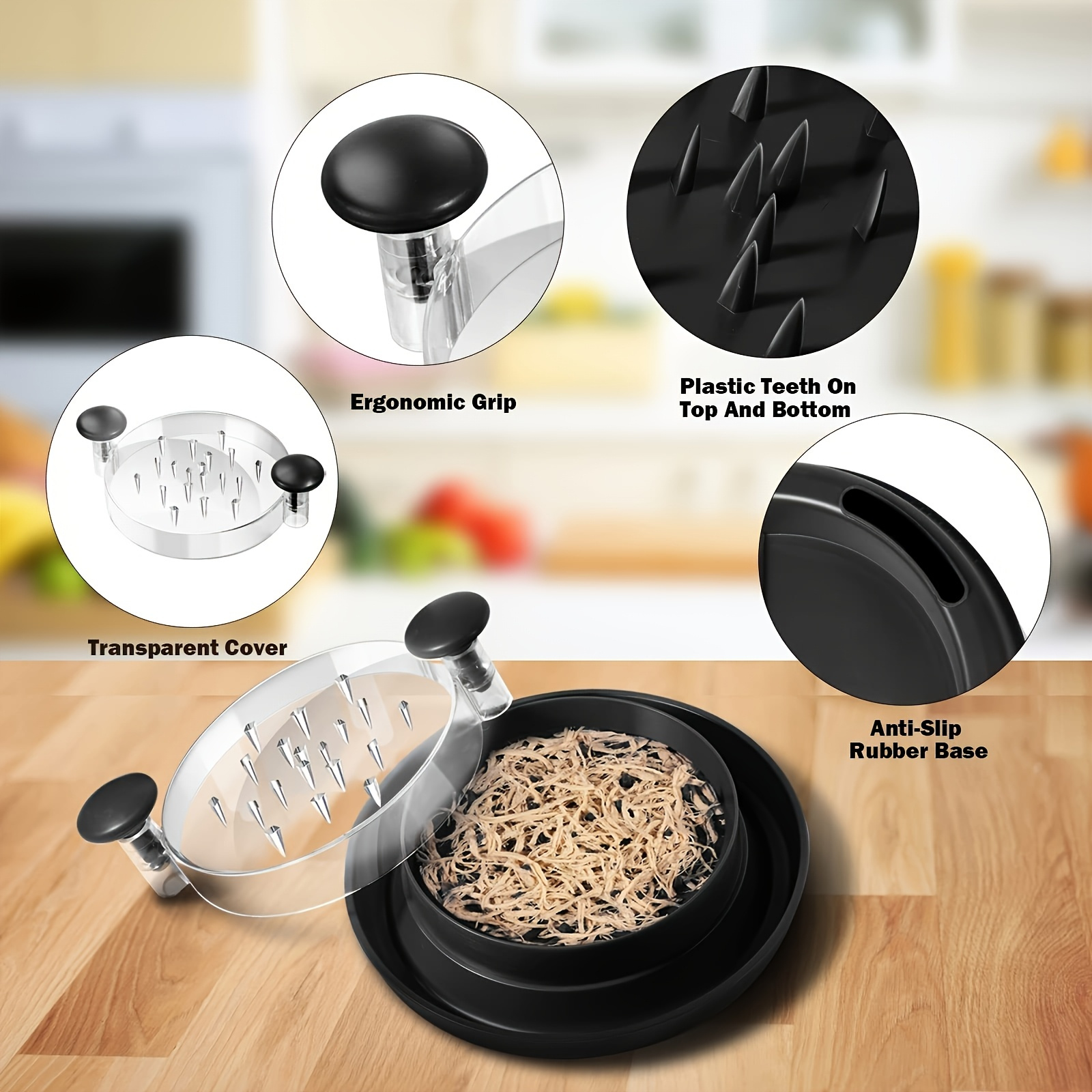 Picadora de Pollo, Perfecta para Picar Pollo, Repollo, Carne de Res y Verduras, con Tapa Transparente - Cuchilla Giratoria Grande Antideslizante, Fácil de Usar y Limpiar, Diseño Duradero de Plástico Seguro para Alimentos, Negro, Gadget de Cocina, Utensilios de Cocina Modernos