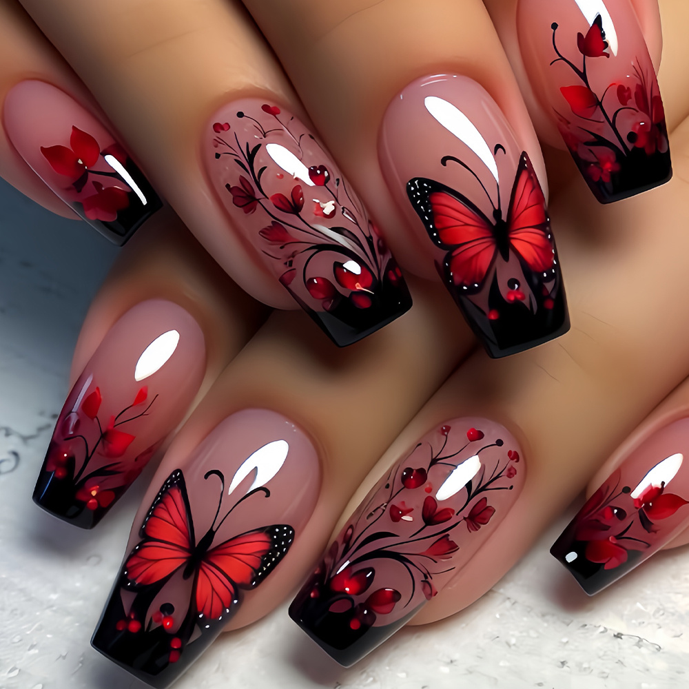 TEMU 24pcs Medium Length Press-on Nails Red Floral Pattern Glossy End Suitable For Home Party Gift For Women Removable Reusable Nails With Jelly Glue