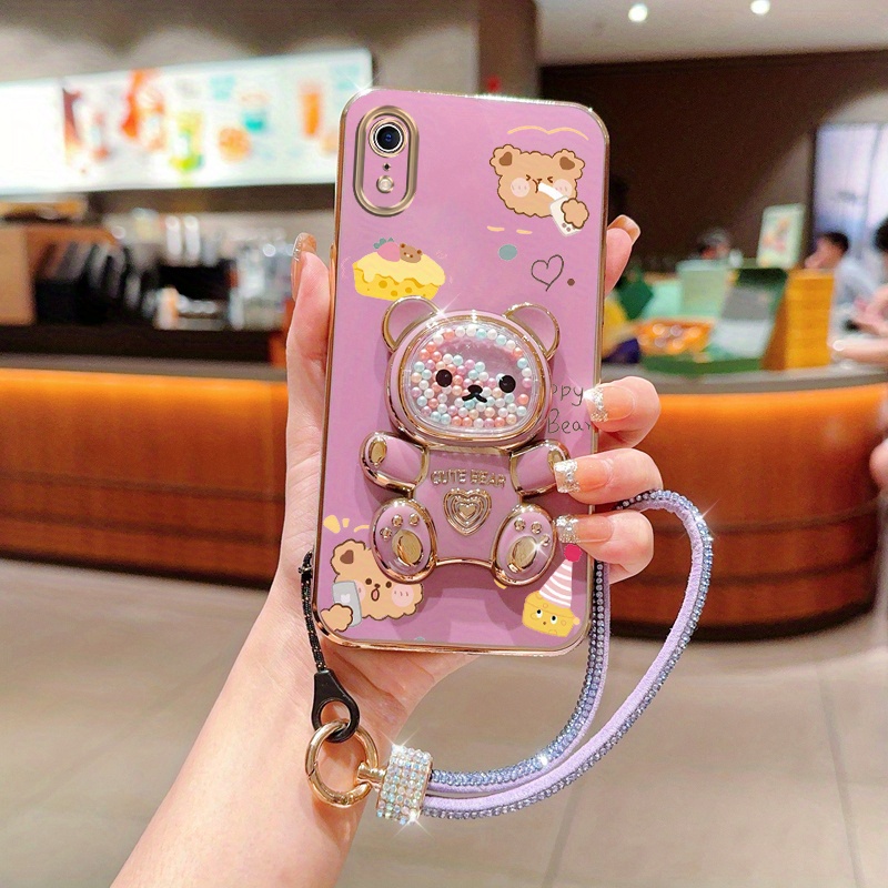 TEMU Cute Bear Phone Holder Case With A Diamond Glitter Wrist Strap, Designed For Iphone Xr, Serving As A Stand Back