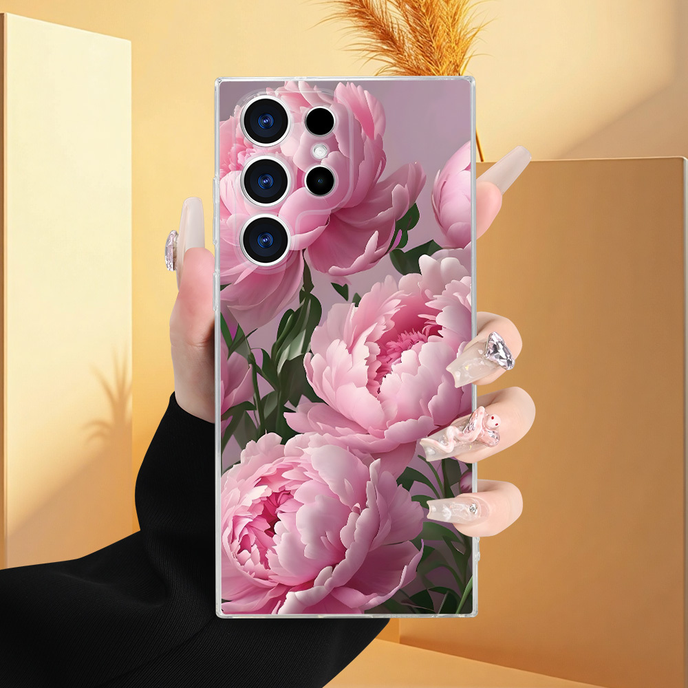 TEMU Phone Case: Creative Vibrant Pink Peony Pattern Transparent Phone Case, Suitable For Galaxy S23/s23 Plus/s23 Ultra/s23 Fe/s22 Ultra/s22