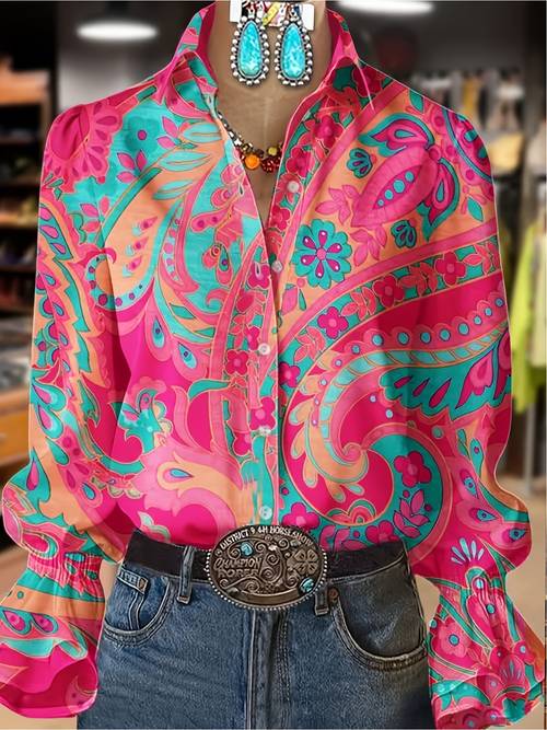 item picture womens fashion printed turn collar single breasted long sleeve shirt