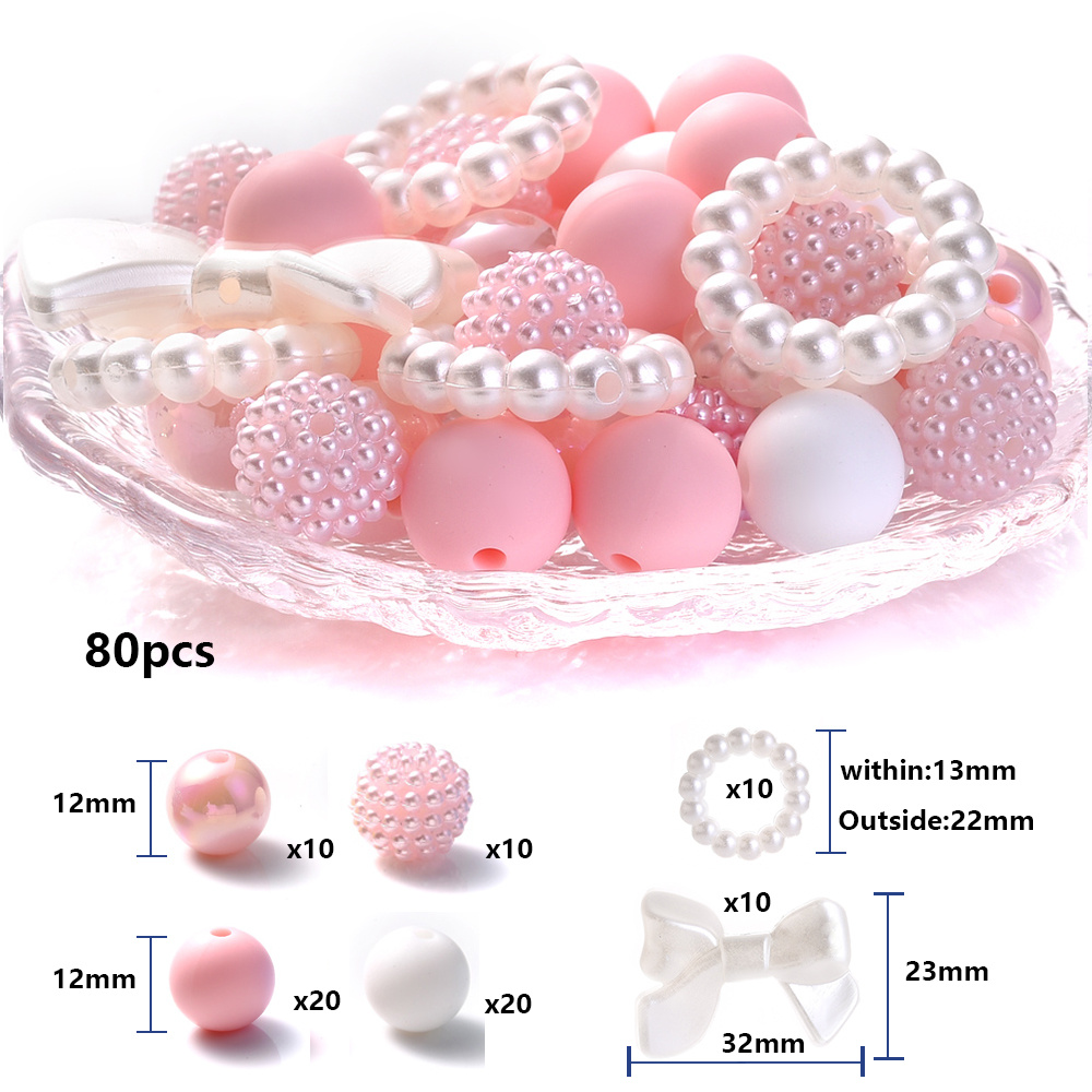 E-shop 80-teiliges Perlen-Set Silikon Runde Perlen AB Farbige Perlen Schleife Yangmei Bälle Perlen Gemischt für Handgemachte Anhänger Charm Handy Kette