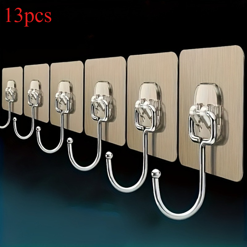 TEMU 13pcs Golden Brushed No-drill Hooks - Transparent Invisible Reusable - Suitable For Kitchen Bathroom Tile Walls Easily Hang Towels, Cookware,