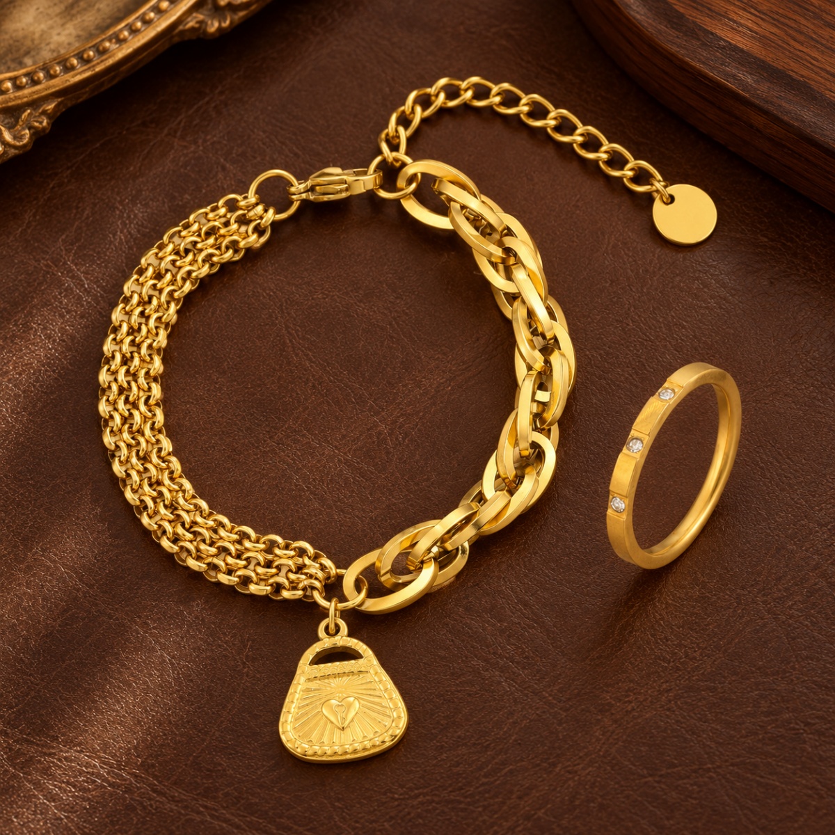 2pc Women's Heart Lock Bracelet & Zirconia Ring Set