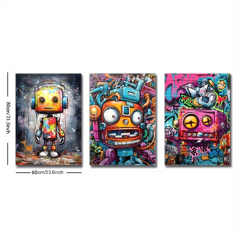 3pcs Framed Canvas Art - Vibrant Graffiti Robot & Space-Themed Wall Decor with Pine Wood Frame, Perfect for Living Room, Bedroom, Cafe, or Bar, Indoor/Outdoor Use, Indoor Wall Decor | Vibrant Wall Art | Wrapped Canvas Frame, Wall Art Decor