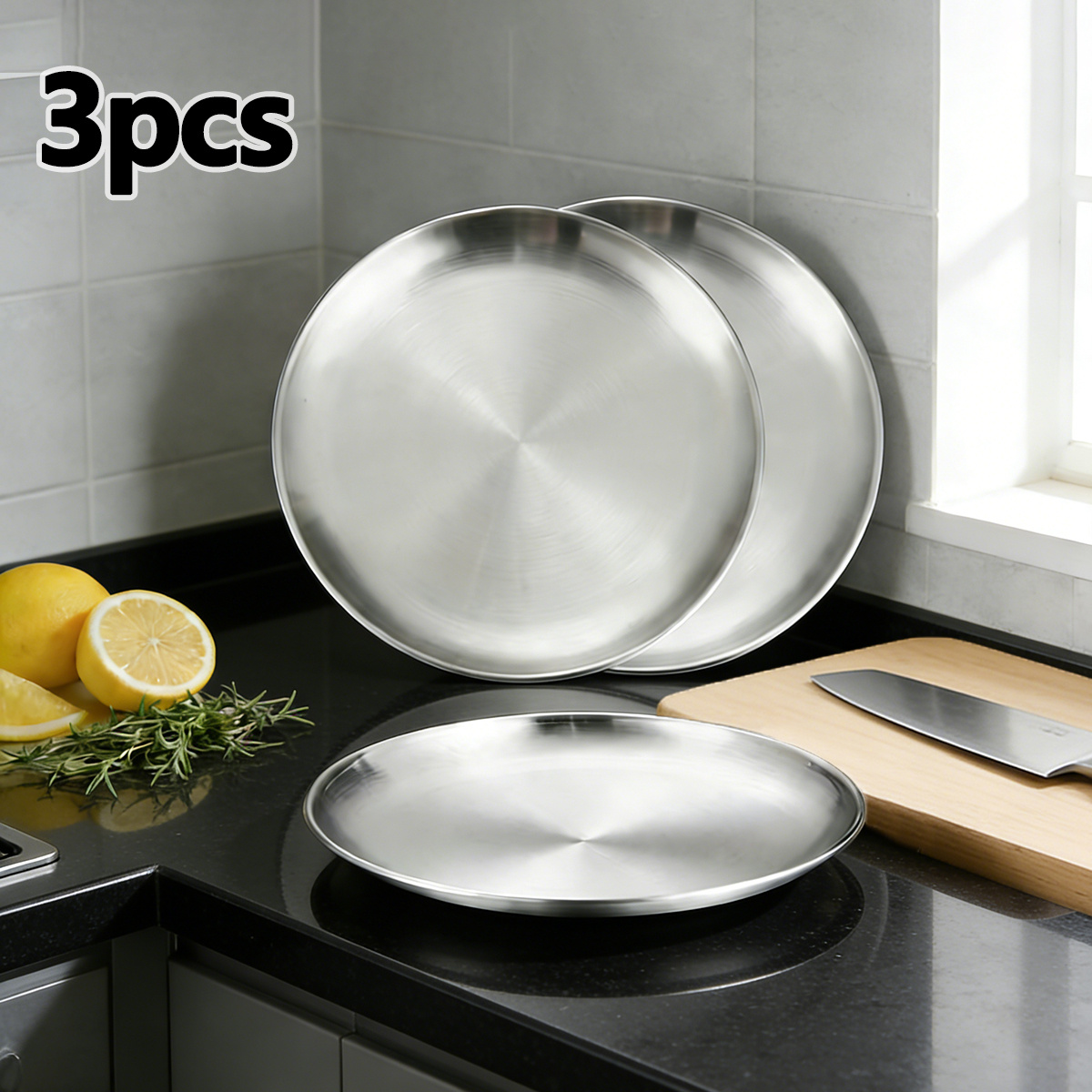 TEMU Juego de 3 platos de acero inoxidable, platos redondos apilables y versátiles para , ensaladas, postres, cocina , frutas, ideales para el hogar,