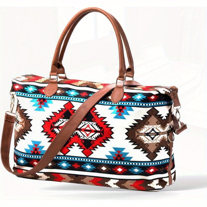 TEMU 1 sac de voyage bohème imprimé, grand sac de voyage de tendance, sac de nuit rétro facile avec bandoulière réglable et poignées fixes, fermeture
