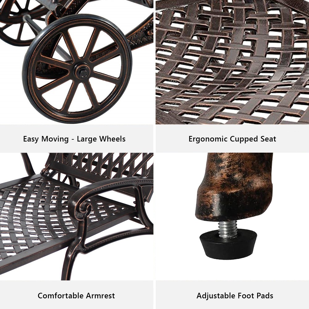 Andehomy Cast Aluminum Outdoor Lounge Chair on Wheels, Patio Recliner with Adjustable Backrest in 3 Positions, Perfect for Poolside Relaxation, Bronze And White Color