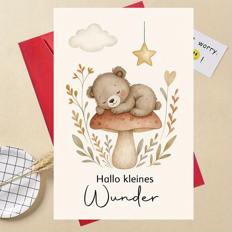 E-shop 1 niedliche Pilz-Bär-Grußkarte – Die perfekte für frischgebackene Eltern, Babypartys oder Geburtshinweise, mit einem weichen, neutralen Design,