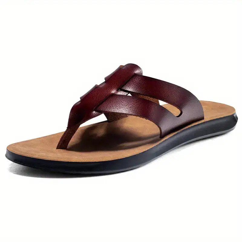   mens retro flip flops anti slip cushioned arch support pu upper pvc sole brown beach sandals with unique strap design breathable eva insole cushioned   for gym pool travel business   slip on footwear versatile casual semi formal shoes travel sandals pool footwear stylish   durable construction antislip sole  able slippers   Product details 0