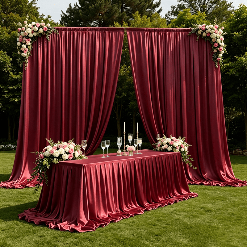 TEMU Single-piece Wine Red Satin Rod Pocket Semi-sheer Backdrop Fabric With A Rod Pocket For Easy Hanging. The Polyester Fabric Is Wrinkle-resistant