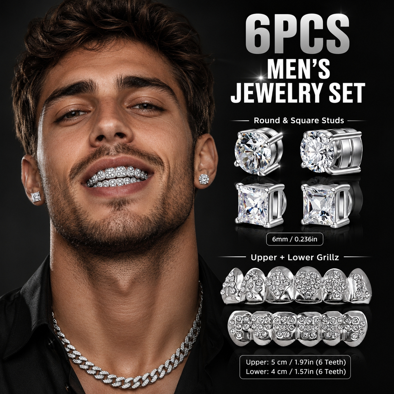 TEMU 6pcs Men's Grillz And Stud Earrings Set, Upper And Lower 6-tooth Sparkly Grillz With 6mm Round And Square Stud Earrings, Hip Hop Party Jewelry