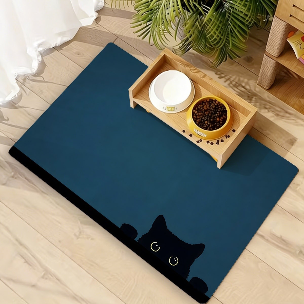 TEMU Mysterious Silhouette Black Cat Pattern Pet Feeding Mat, Diatomaceous Earth Material Pet Water Mat, Multiple Sizes Available, Suitable For Cat