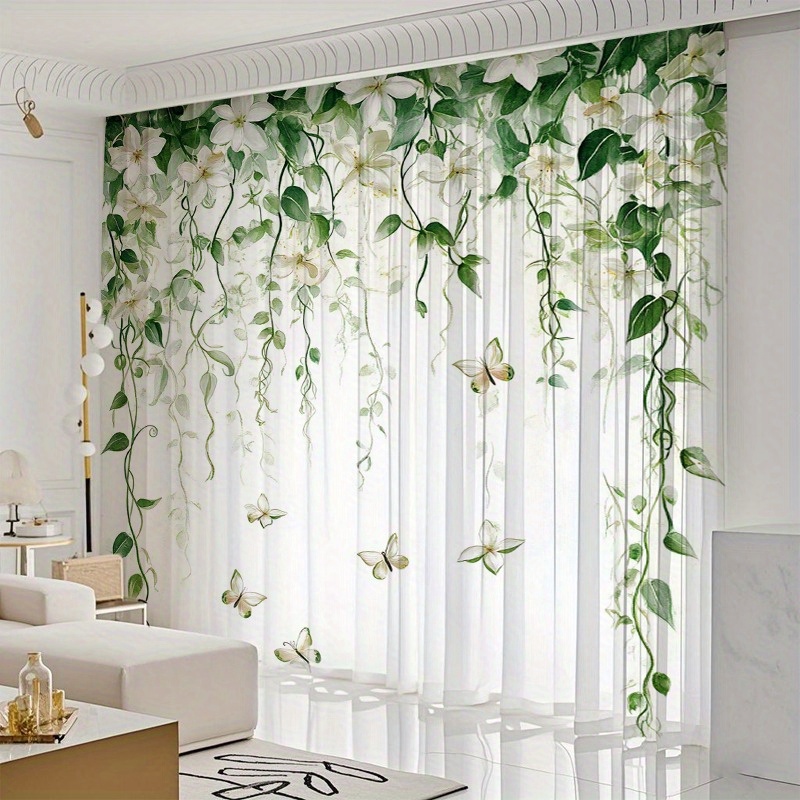 TEMU [2d Flat Printing] 2pcs Elegant Floral & Print Curtains Cute Sheers Leaf Curtain Tulle Vine Window Curtains Sheersivy Pretty Curtain For Living