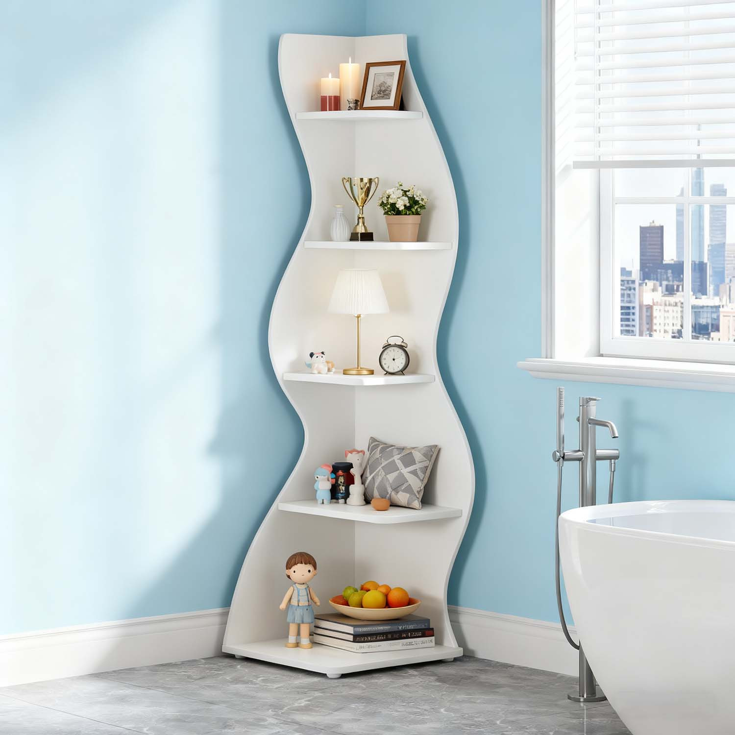 TEMU 1pc Modern 5-tier Wall Corner Bookshelf With Curved Space-saving - Freestanding Corner Shelf Suitable For Living Room, Home Office,, Small