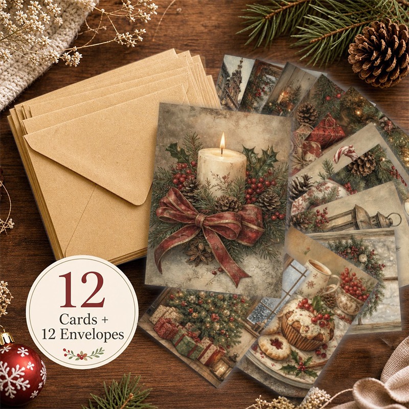 TEMU Usea12 Cards And 12 Envelopes 12pcs Vintage Christmas Greeting Cards Bulk, Blank Holiday Cards For Men, Women, And Coworkers, Christmas Gift