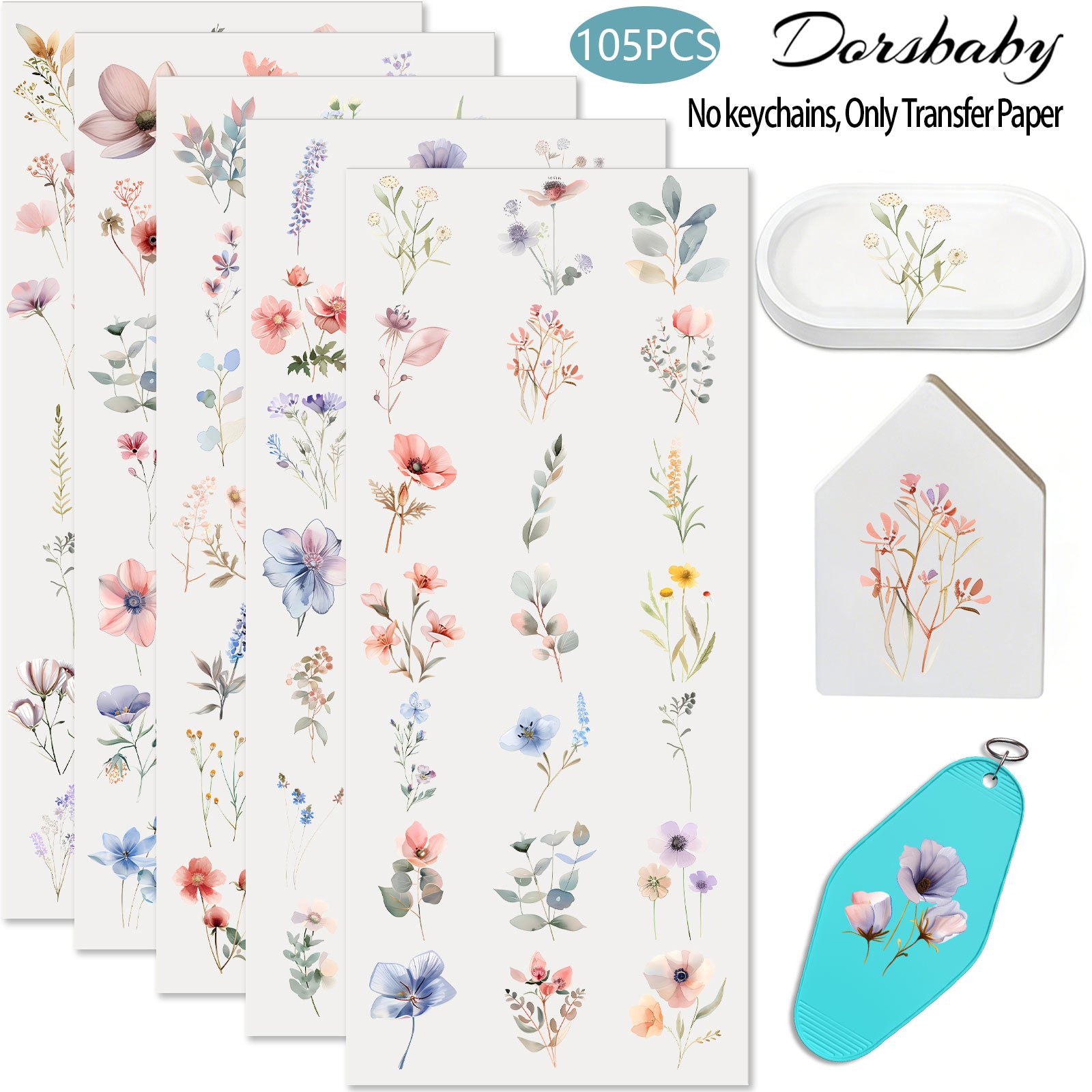 Image of 105pcs/set Watercolor Flower Uv Dtf Transfer For Keychain, Cups, Bottles, Crafts, Art - Easy To Apply Crafts High Uv Dtf Transfer Paper(no Keychain, )