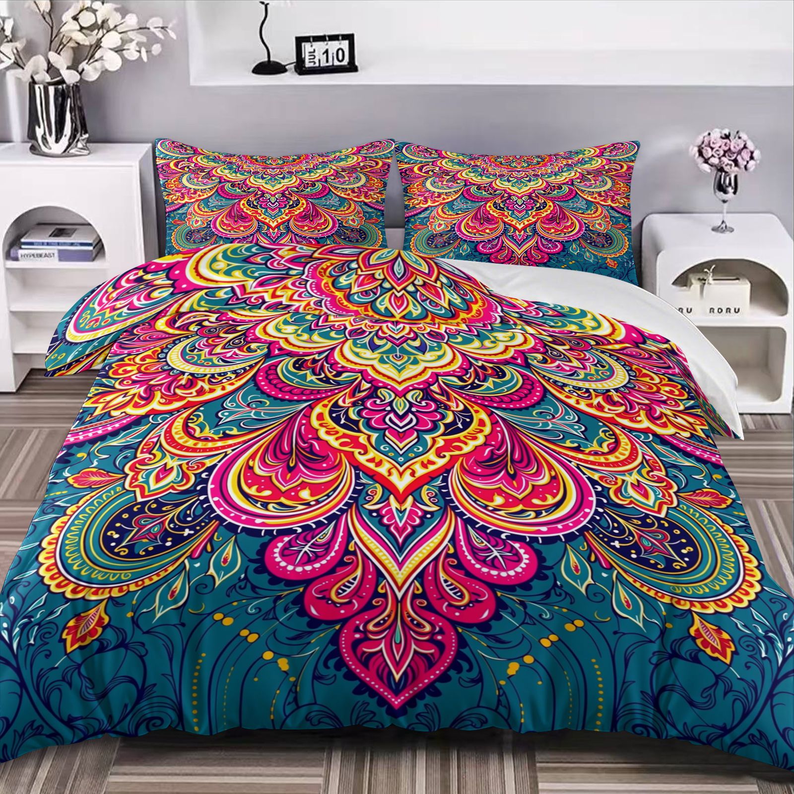 TEMU 3pcs, Vibrant Mandala Paisley Floral Print Bedding, Includes 1 Duvet Cover And 2 Pillowcases Without Inserts, For Bedroom, Hotel, , And School