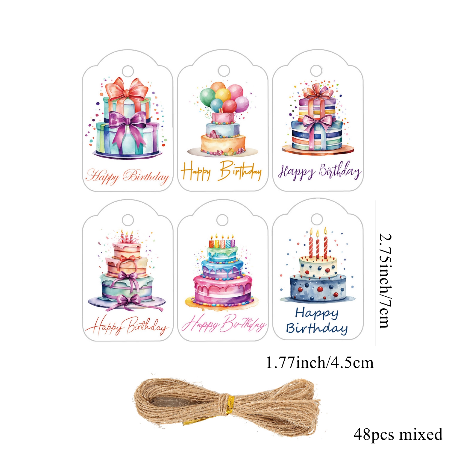 Image of 48pcs/set Watercolor Birthday Cake Paper Tags Cake With Candles Hanging Label For Birthday Wedding Party Decoration Diy Gifts Wrapping Supplies