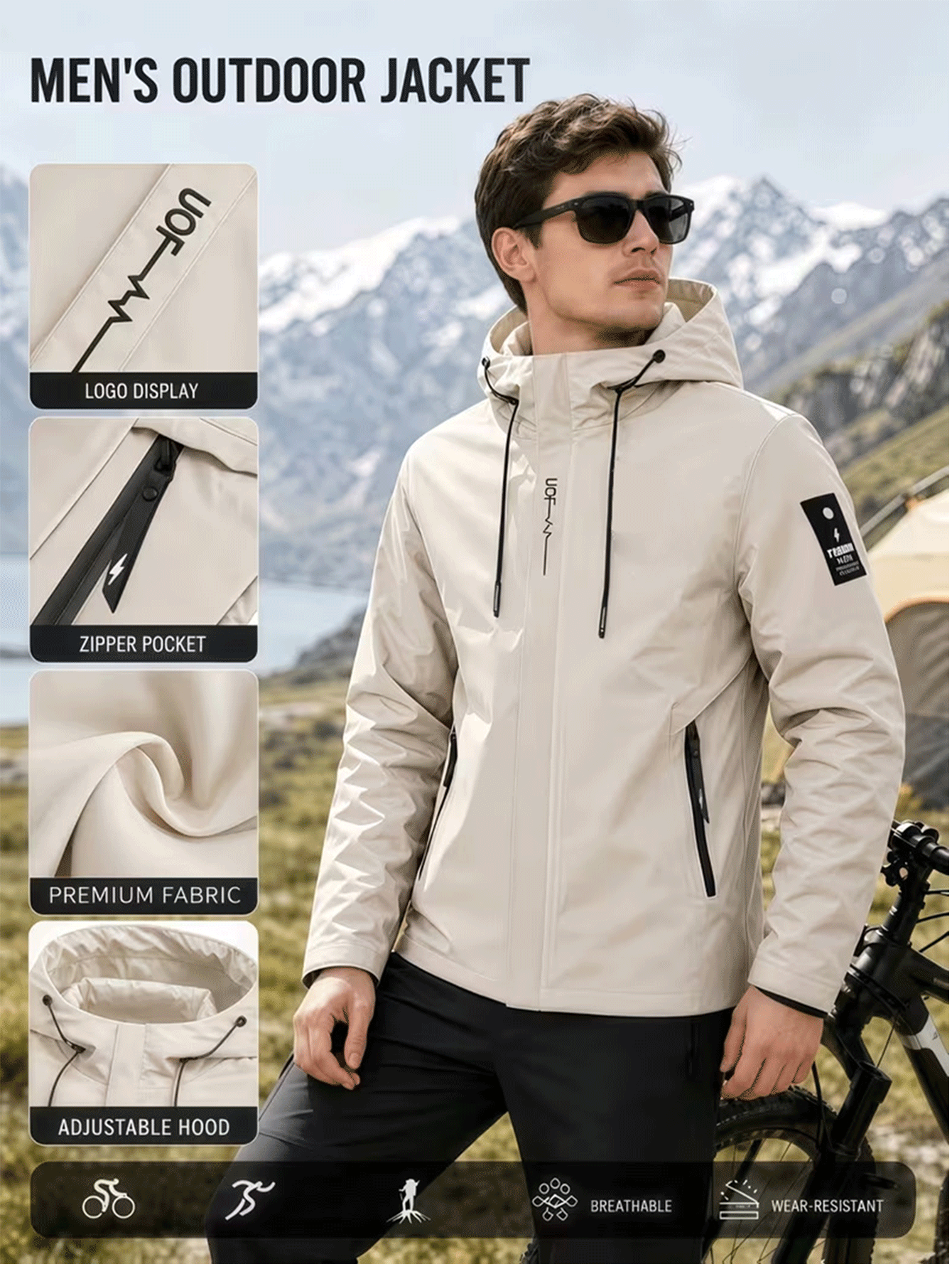 Men's Plain Print Full-Zip Hooded Jacket for Outdoor Activities