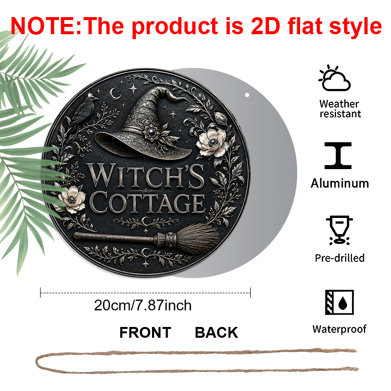 TEMU 2d Flat, 1pc Aluminium Round Hanging Sign, 's Cottage Gothic Hat Broom Moon Metal Wall Plaque, Vintage Dark Halloween Outdoor Yard Door Decor