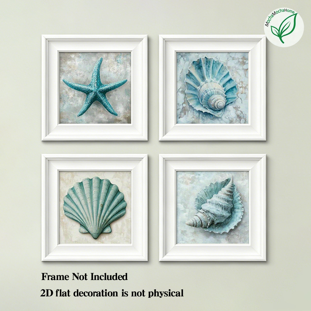 TEMU 2d Flat, 2d Flat Wall Art Decoration Poster, No Frame, 4pcs Per Set, Ocean Atmosphere Decorative Painting, Seashell Design Paper Print, Modern
