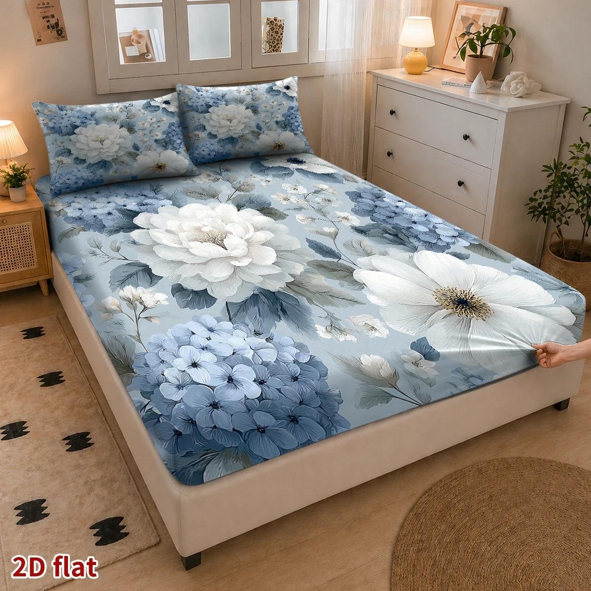 3pcs mattress protector set 1 fitted sheet 2 pillowcases no filling 2d flat printing blue floral theme vintage   spring machine washable suitable for   for home dorm master bedroom and   use 2d flat