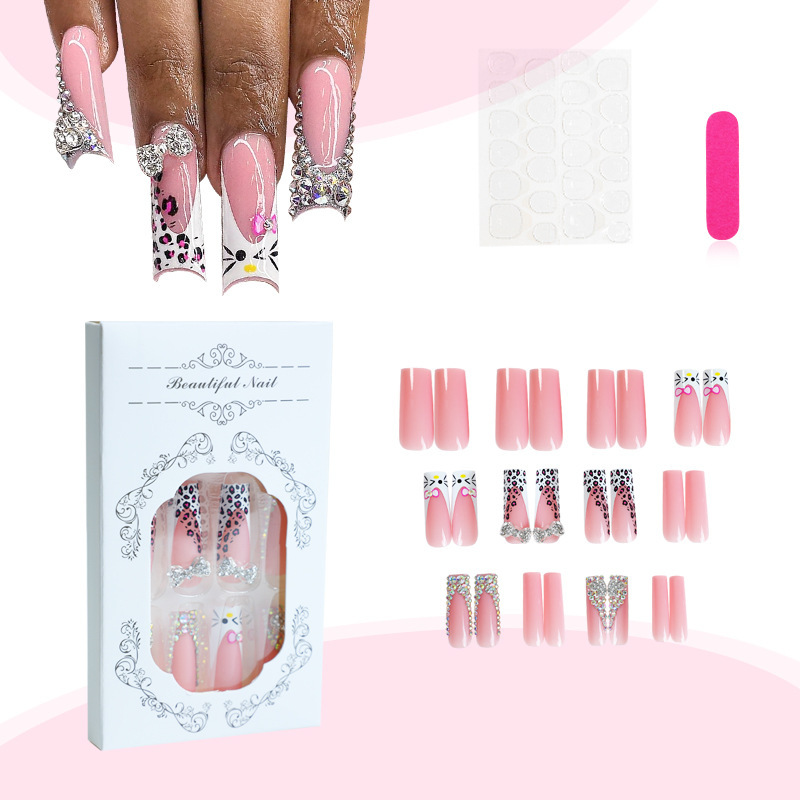 Image of 24pcs Medium-sized Ballet-shaped Pink Bows And White-pink Flowersdesign French Tip Press On Nails Short Acrylic False Nails Set-including 1pc Jelly Glue And 1pc Nail File- For Women And To Party- Prom