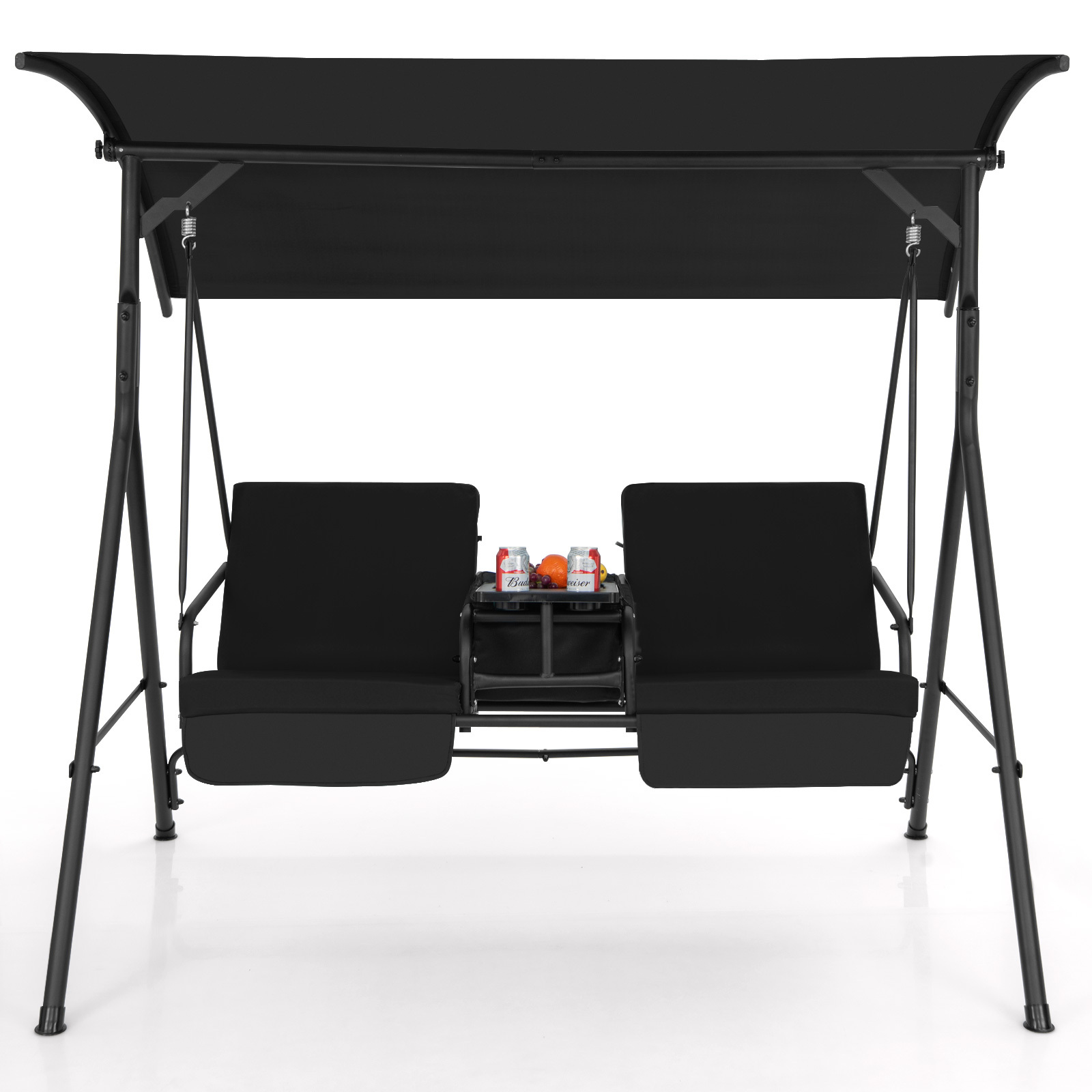 LIFEZEAL Porch Swing Chair with Adjustable Canopy, 2-Person Swing Chair with Cooler Bag, Rotatable Tray and Removable Cushions, Outdoor Canopy Swing Loveseat for Backyard Balcony Poolside. - Image 4