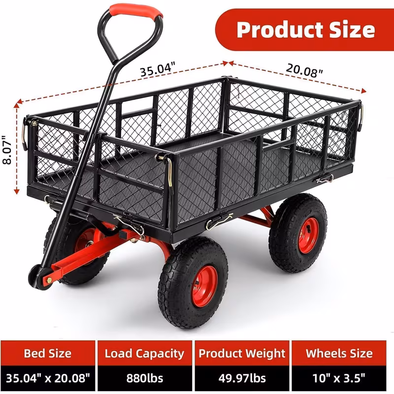 heavy duty garden utility cart metal dump wagon with removable sides and 180 rotating handle yard garden cart on wheels for outdoor Product details 1
